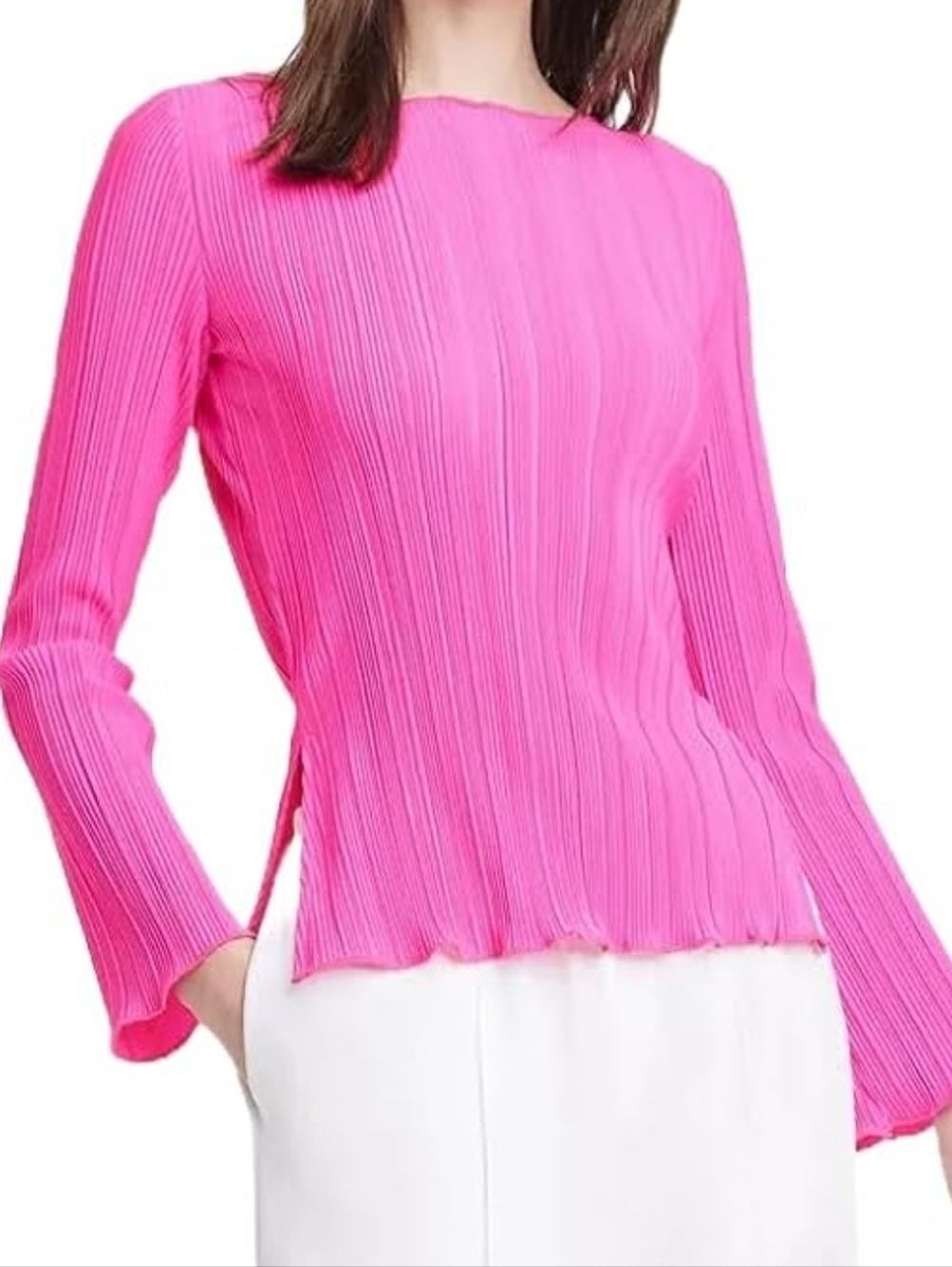 A New Day Hot Pink Plissé Pleated Long Sleeve Top - Size XS - NWOT